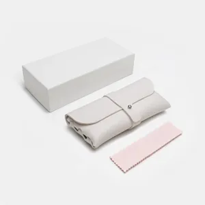 White leather glasses case set with storage box and cleaning cloth for daily protection