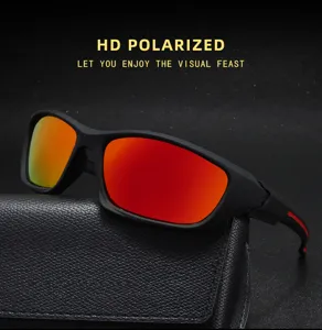 Polarized sports sunglasses detail shot, featuring red reflective lenses and a durable black frame.