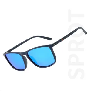 Lunettes de soleil polarisantes carrées pour hommes avec verres miroirs bleus et monture.