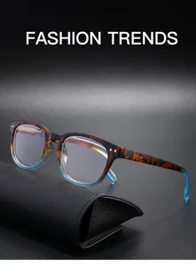 Close-up detail of anti-blue light reading glasses with tortoise gradient frame and spring hinges.