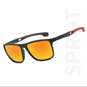 Detail view of polarized sports sunglasses with orange lenses and TR frame for outdoor.