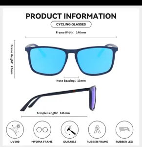 Vue detaillee de lunettes de cyclisme de 146mm de large, protection UV400 et cadre myopie.