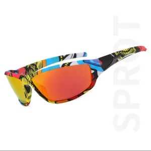 Colorful camouflage sports sunglasses detail view with reflective orange lenses for outdoor cycling.