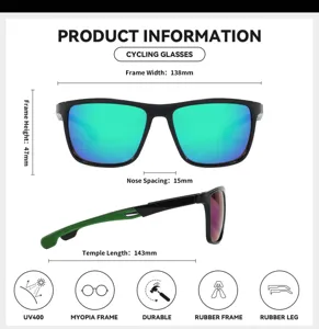 Cycling glasses detail view showing dimension specs, 138mm width, UV400 and rubber frame.
