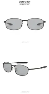 Close-up detail view of gun grey metal polarized sunglasses featuring oval lenses and temples.