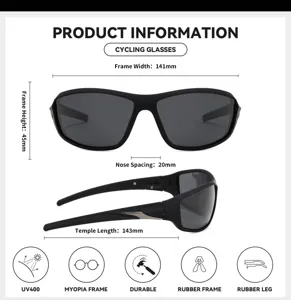 Detailed dimensions and feature icons of black frame cycling sunglasses with UV400 protection.