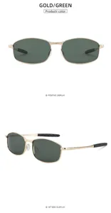 Metal oval sunglasses detail, gold frame with green lenses, side and front view display.