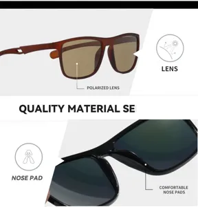 Detailed view of polarized sunglasses showcasing durable lens and comfortable nose pads.