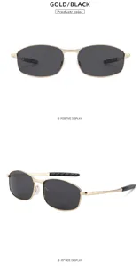 Classic metal oval sunglasses detail view, gold frame with black polarized lenses, clear design.