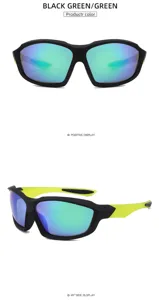 Detailed close-up view of polarized cycling sunglasses featuring black green frames and mirrored lenses.