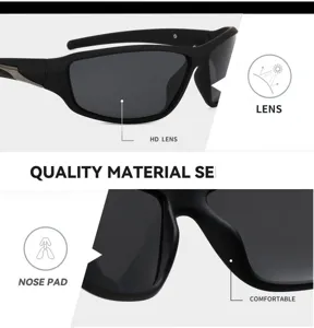 Close-up details of sports polarized sunglasses highlighting HD lens and comfortable nose pad design.