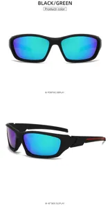 Polarized outdoor cycling sports sunglasses detail view showing black frame and blue mirror lens.