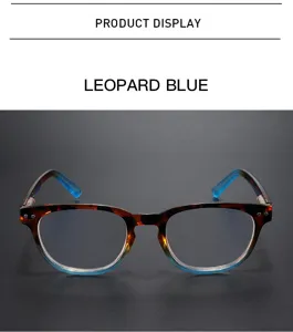 Detailed close-up view of the leopard print and blue gradient eyeglasses frame with rivets.
