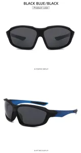 Outdoor cycling polarized sunglasses with black frame blue temples and grey lenses.