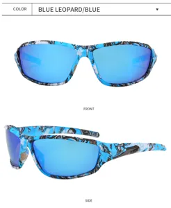 Detailed view of blue leopard polarized sports sunglasses, square frame cycling eyewear.