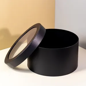 Black round gift box with clear window lid, empty flower box for DIY gift packaging