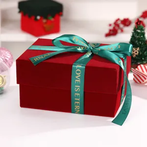 Red velvet gift box with green ribbon Christmas present packaging box holiday gift box with lid