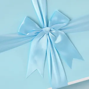Close-up detail shot of light blue gift box with elegant satin ribbon bow, luxury packaging.