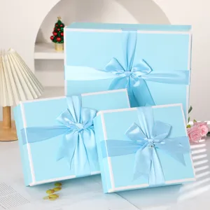 Light Blue Gift Box With Ribbon Bow Elegant Cardboard Packaging Box For Birthday Wedding