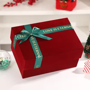 Velvet gift box detail view with green ribbon bow for holiday celebration packaging design
