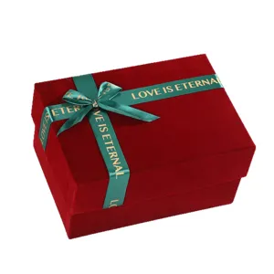 Wine red velvet gift box with green ribbon bow, perfect for Christmas, weddings and holidays.