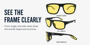 Detailed showcase of black sports sunglasses with yellow lenses displaying multi-angle views.