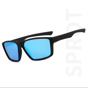 Polarized sports sunglasses detail showing black frame and blue reflective lenses for outdoor.