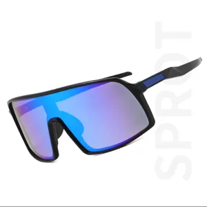 Vue détaillée de grandes lunettes de soleil de cyclisme sport avec verre miroir bleu et monture.