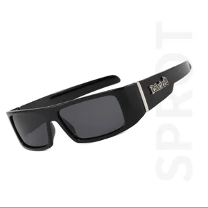 Polarized sunglasses for outdoor sports driving motorcycle retro black wrap frame detail view.