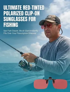Red-tinted polarized fishing clip-on sunglasses for clear vision and glare reduction.