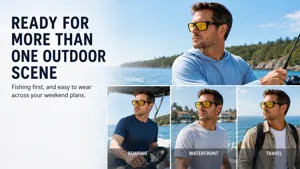 Polarized sports sunglasses for men, yellow lenses for fishing, boating and outdoor travel.