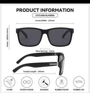 Cycling sunglasses detail showing frame width, height, nose spacing, and UV400 protection.