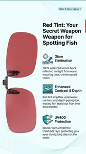 Red tinted polarized fishing clip-on sunglasses feature glare elimination and UV400 protection.