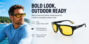 Men's stylish outdoor sports polarized sunglasses with black square frame and yellow lenses.