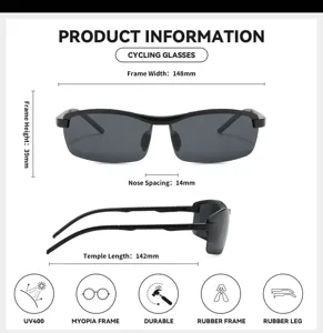 Detailansicht der Fahrradsonnenbrille mit Maßen, UV400-Schutz, Rahmen und stabilen Gummibeinen.