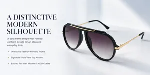Modern oversized aviator sunglasses with bold black frames and luxury gold-tone metal accents.