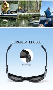 Polarized fishing sunglasses detail view, black frame with secure linkage and adjustable temple.