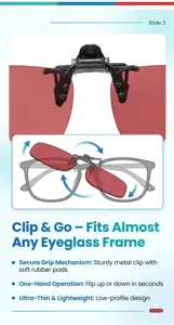 Polarized clip-on sunglasses with red lenses, secure metal clip and flip-up design for driving.