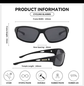 Detailed view of sports cycling sunglasses with dimensions, UV400 protection and rubber frame.