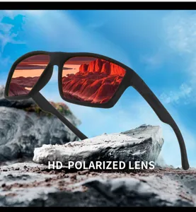 Outdoor sports polarized sunglasses detail view, black frame with red reflective lens.