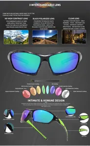 Cycling polarized sunglasses with 3 interchangeable lenses for outdoor sports, fishing and riding.