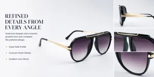 Detailed multi-angle view of stylish aviator sunglasses with gold temples and gradient lenses.
