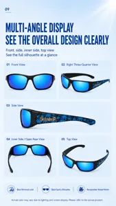 Polarized sports sunglasses with blue mirrored lenses and black frame for outdoor fishing and surfing