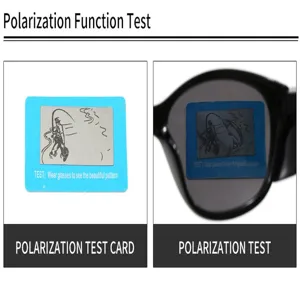 Detail view showing polarization test card and sunglasses lens effect for fishing and driving.