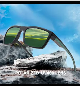 Outdoor polarized sunglasses featuring black frames, UV400 lenses, and scenic reflections.