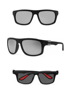 Detailed view of fashionable sports riding sunglasses, UV protection, black frame grey lens.