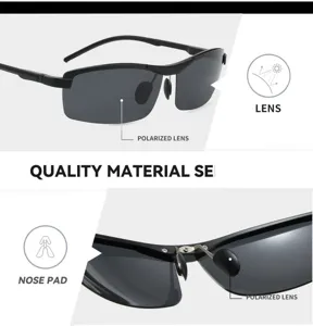Detailansicht der Outdoor polarisierten Sonnenbrille mit schwarzem Gestell und klaren Gläsern.