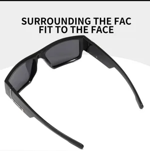 Detailed view of black polarized sunglasses featuring dark lenses and wide temple design.