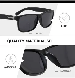 Polarized sunglasses detail showing HD lens, comfortable nose pad and premium frame materials.