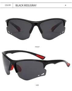 Occhiali da sole sportivi polarizzati nero rosso per ciclismo pesca vista frontale e laterale.